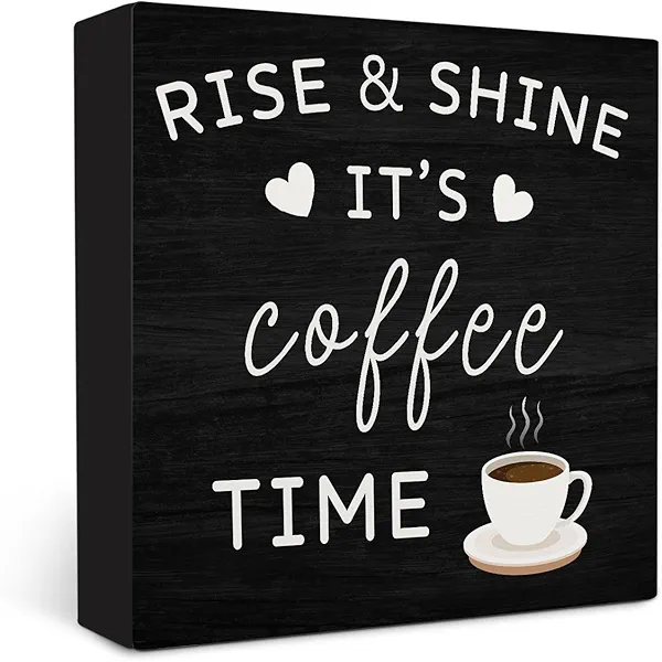OVAcational Coffee Bar Accessories Wooden Box Sign,Rise & Shine It's Coffee Time Wooden Sign,Bar Sign Decor For Desk Shelf Tabletop Decoration 5x5 Inches