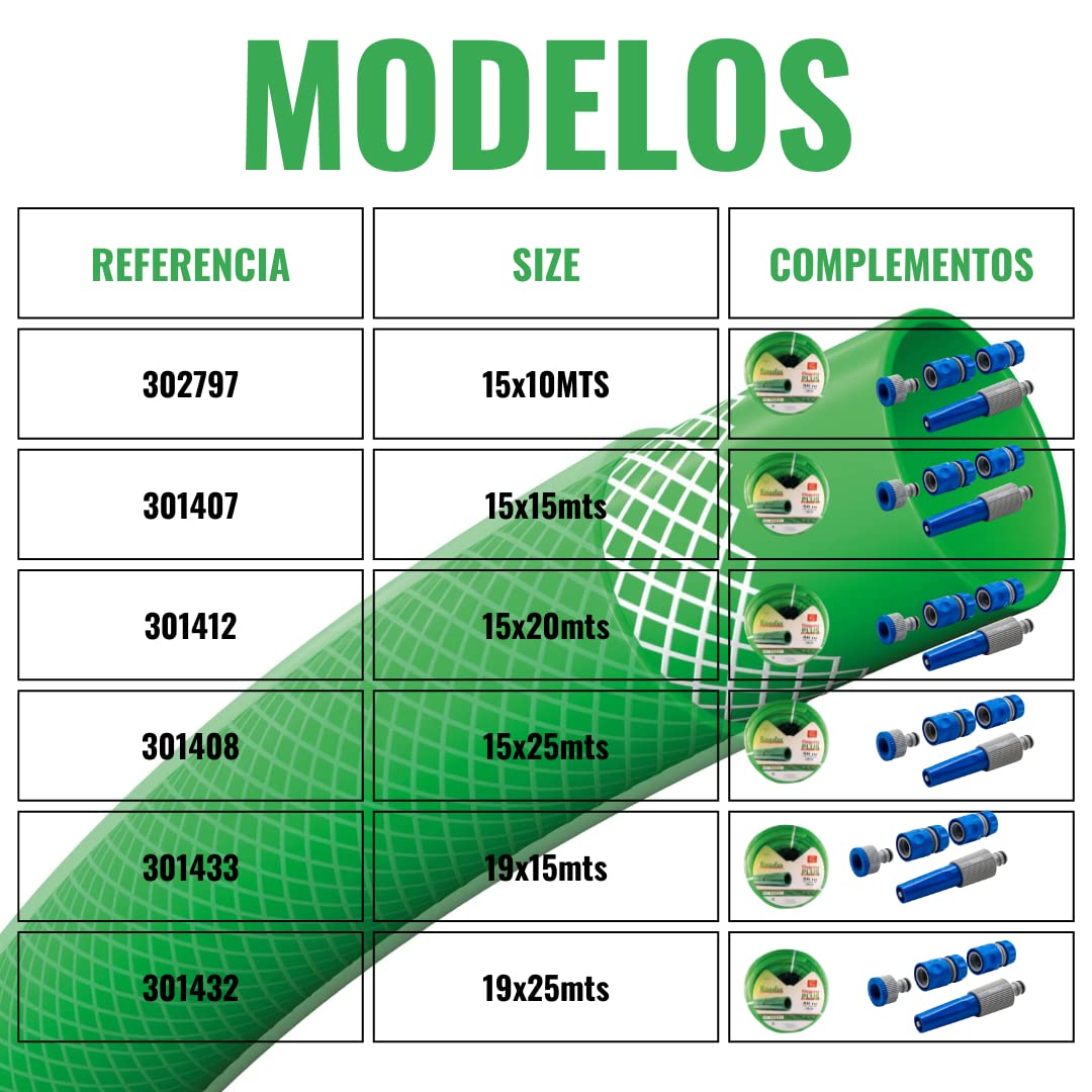 Manguera RIEGOTEX 19 x 25 m | Incluye accesorios: Lanza regulable, adaptador grifo 3/4"- 1/2" y dos manguitos rápidos