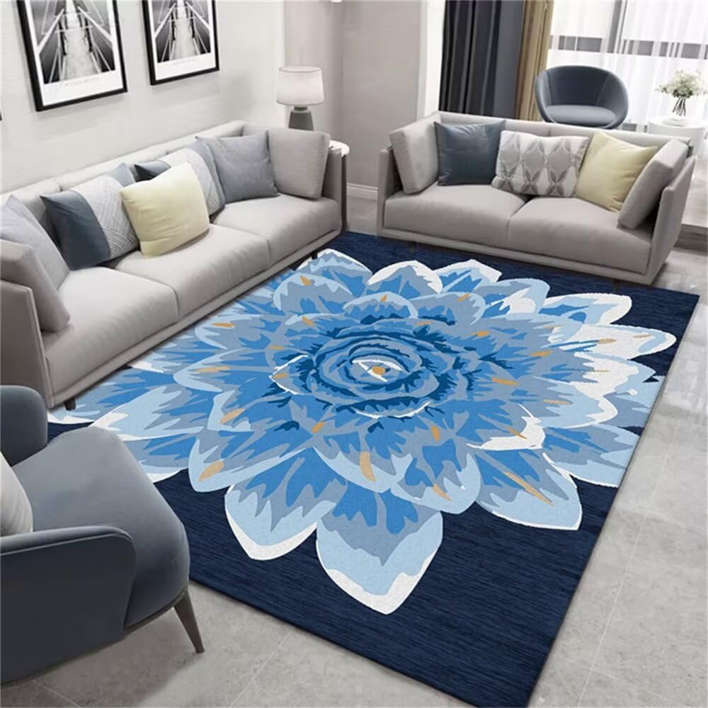 Tapis de chambre de fille floral bleu 200x260cm antidérapant et moderne