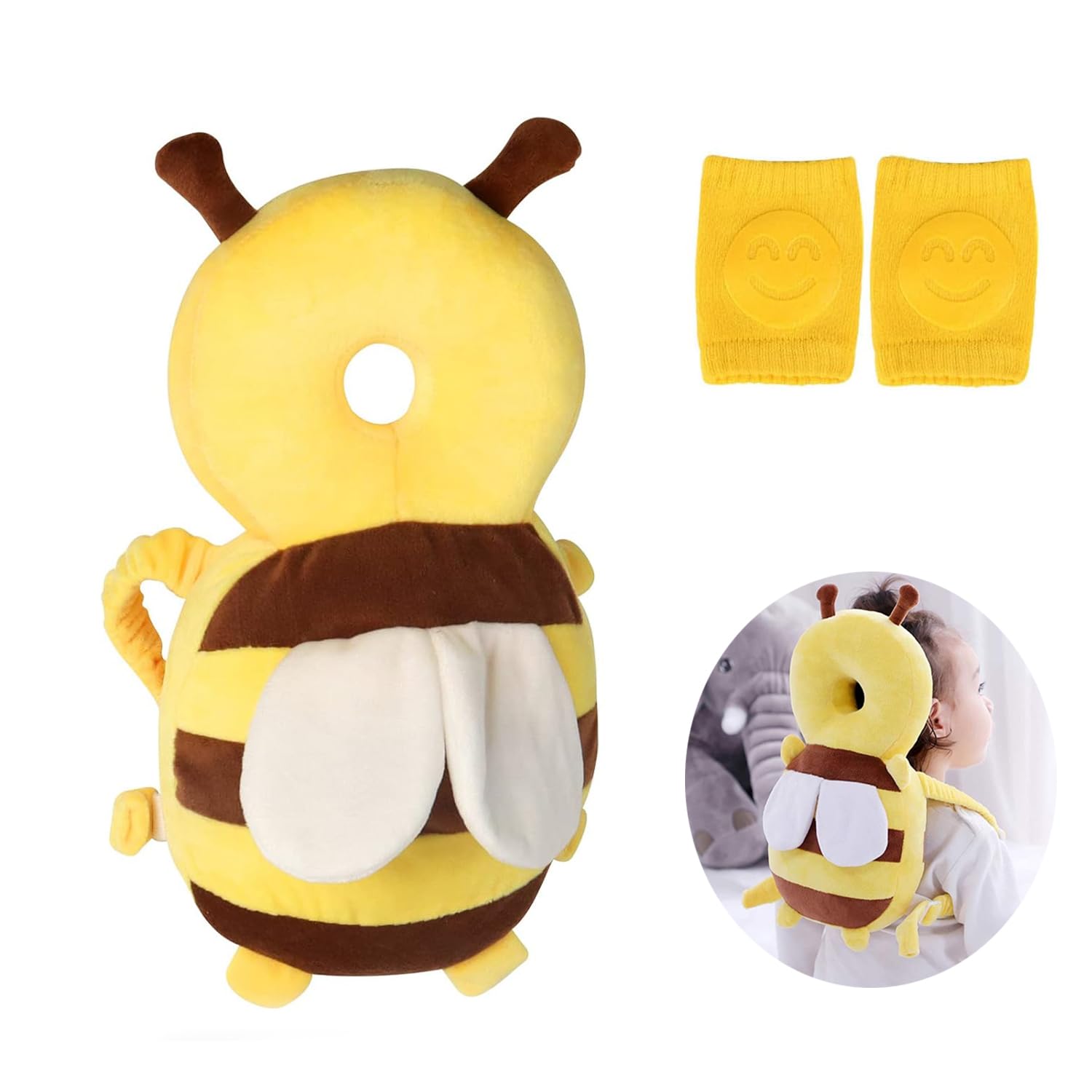 Auirshiky Baby Head Protection Pillow, Breathable & Adjustable, Bee-Shaped, 21x6x37 cm, PP Cotton Fill, Indoor Use, Baby Safety Gear