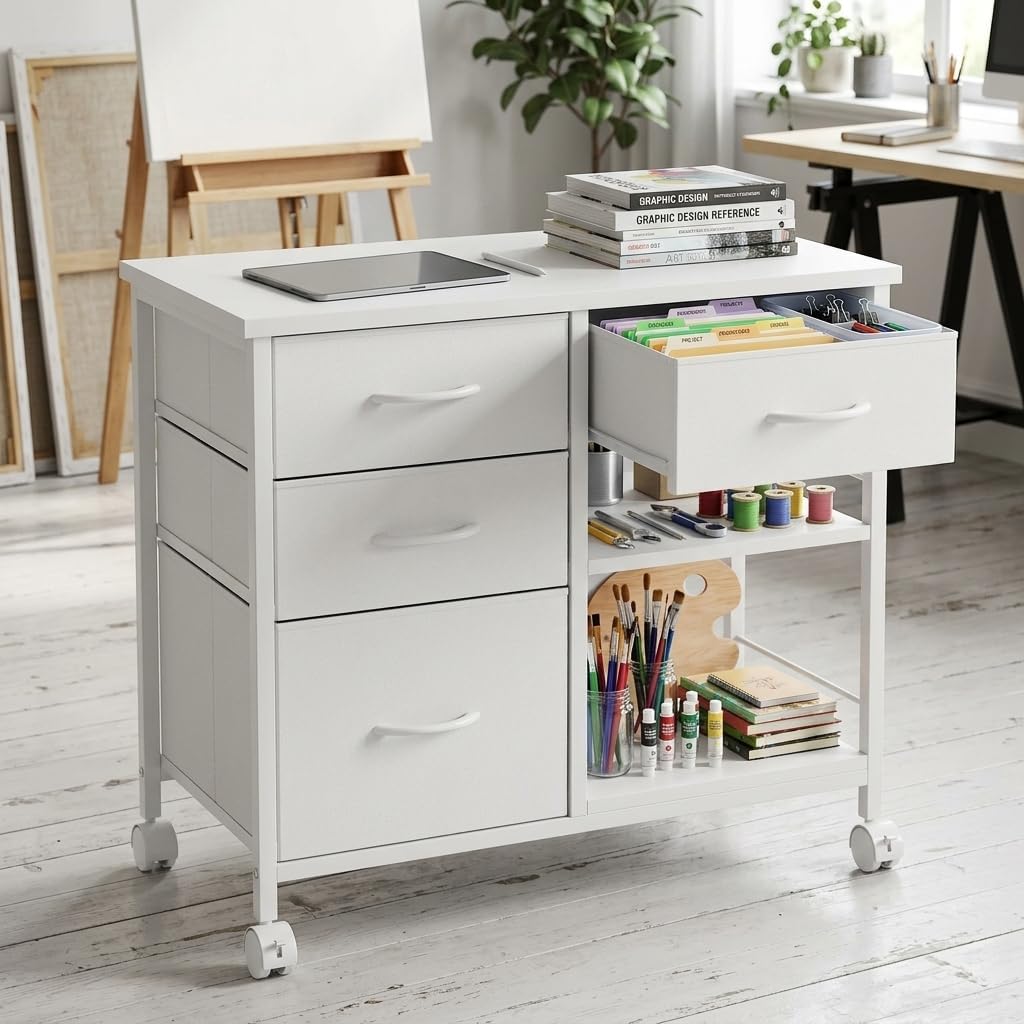 3 Drawer Mobile Filing Cabinet, Industrial White Office Storage Cabinet with Open Shelf, Under Desk Printer Stand with Casters for Home Office, Letter & Legal Size Files