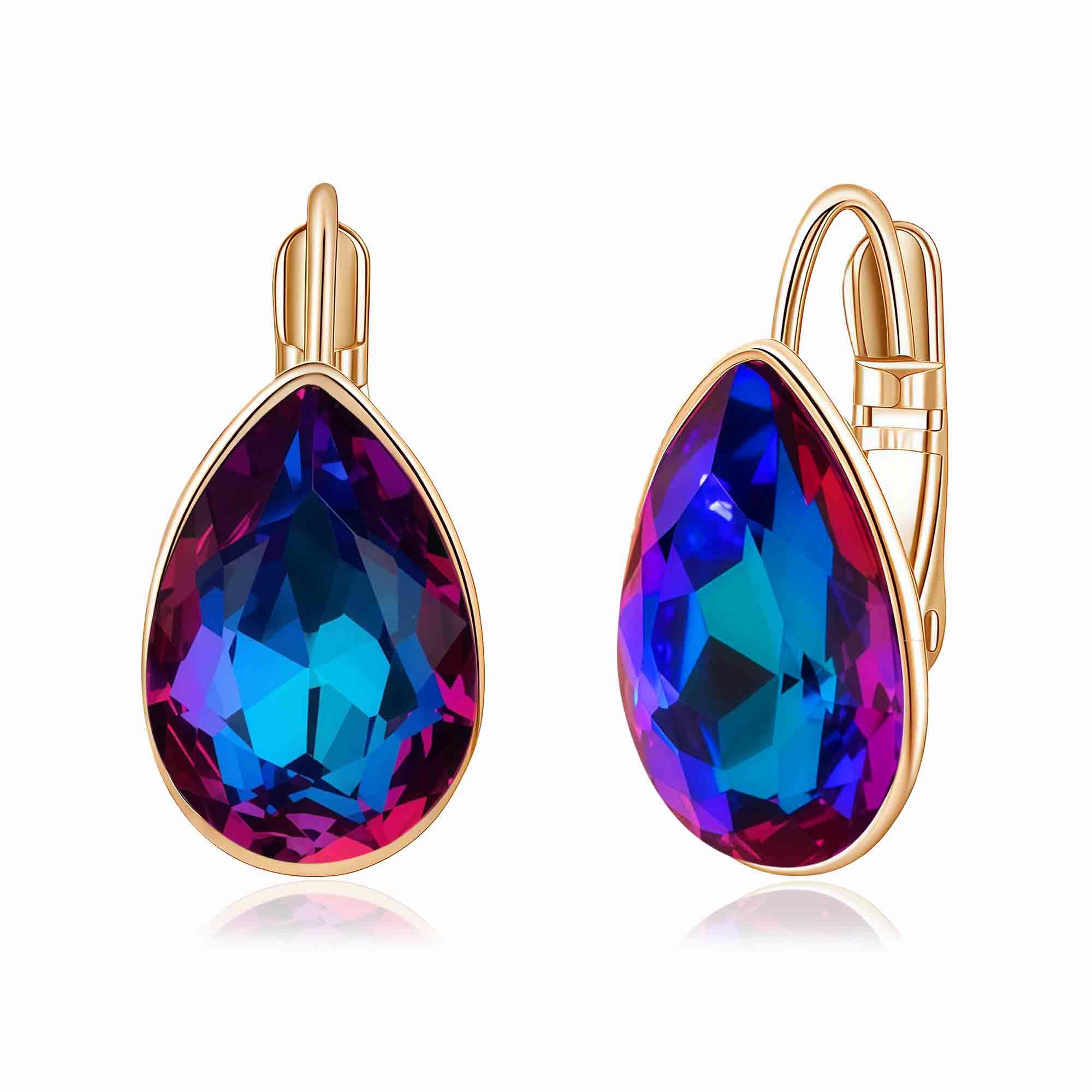 Teardrop Austrian Crystal Leverback Drop Earrings for Women 14K Rose Gold Plated Hypoallergenic Jewelry