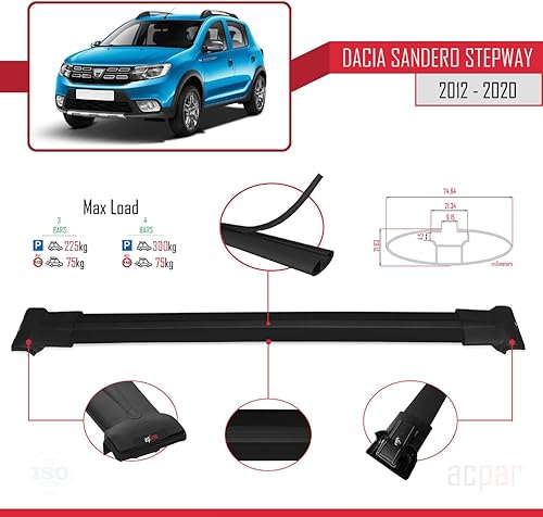 Miniatura 3 de Compatible con Dacia Sandero STEPWAY 2012-2020 - Barra transversal modelo Fly Roof Rack de coche Barra transversal 3 barras negro