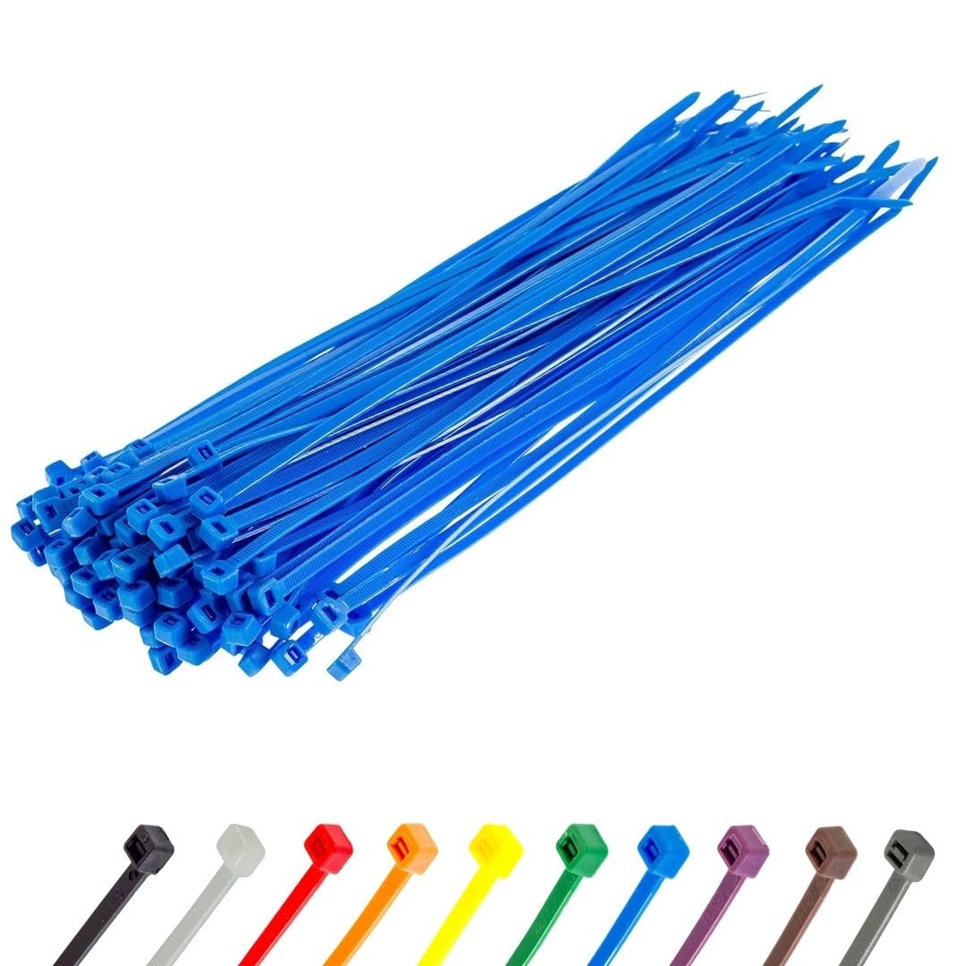 Gocableties Blue Cable Ties, 200mm x 4.8mm, Pack of 100, 8" Premium Nylon Zip Ties, Multi-Purpose Plastic Tie Wraps, Secure Self-Locking Mechanism, for Home, Garden, Office and DIY
