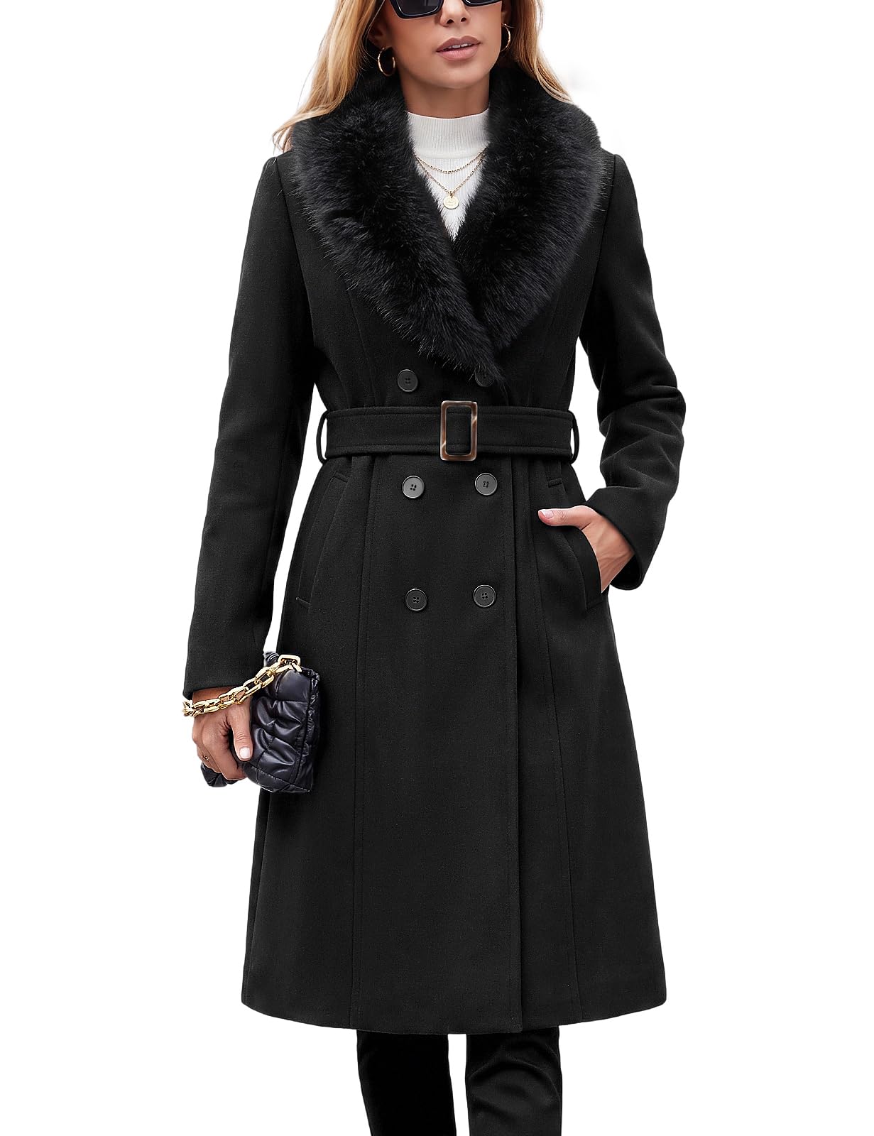 Vancavoo Cappotto Donna Lungo con Collo Pelliccia Sintetica e Cintura