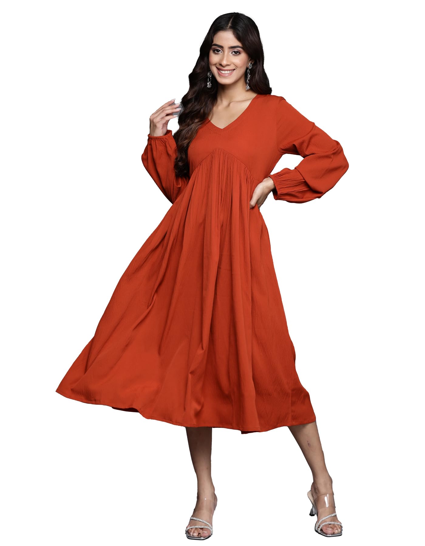 Varanga Women Rust V-Neck A-Line Dress With Bishop Sleeves And Gathered Details, Calf Length (Extra Large)