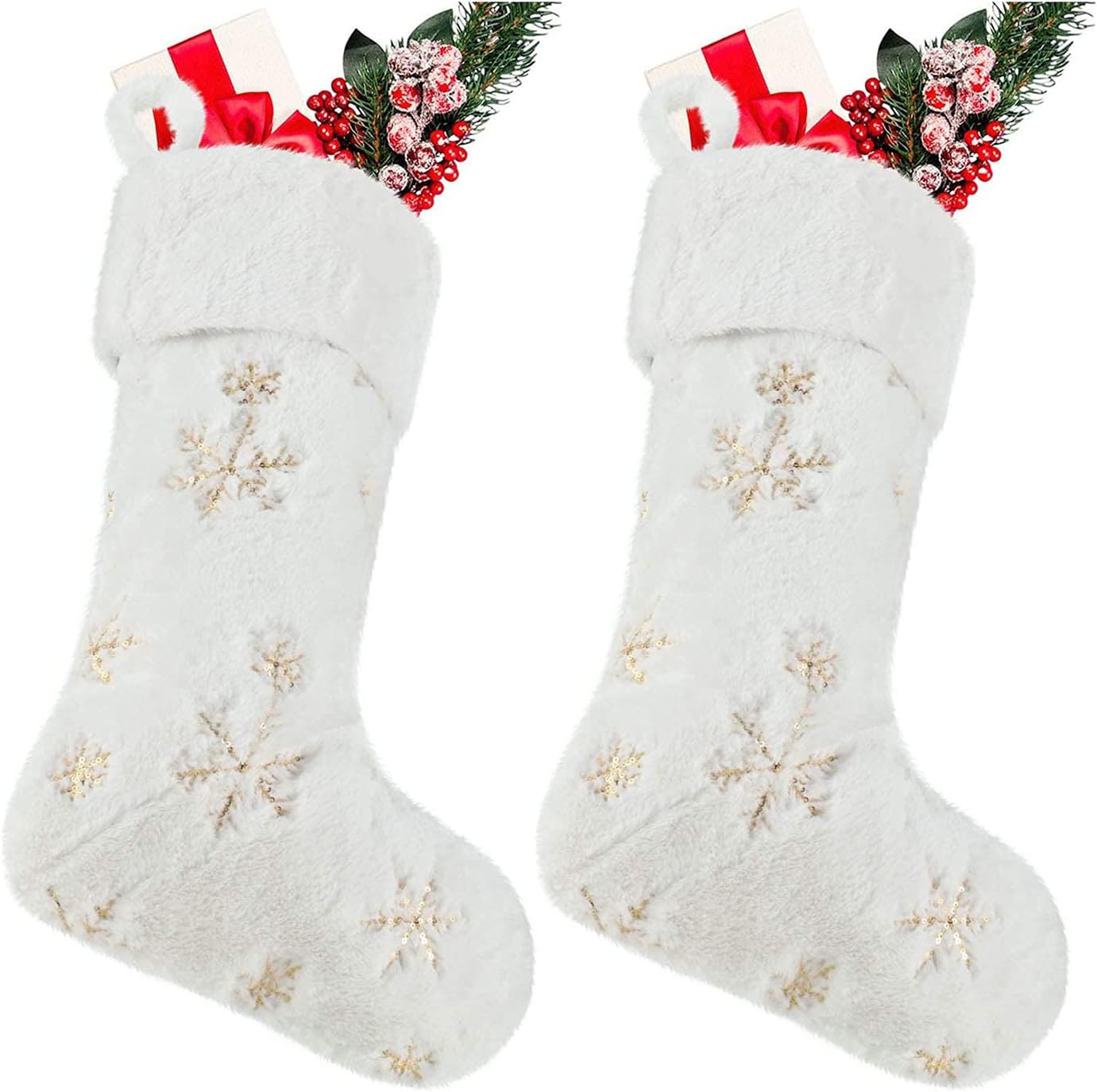SherryDC White Plush Christmas Stockings 2 Pack, 19" Silver & Gold Snowflake Sequin Embroidered Fireplace Hanging Stockings Set for Christmas Decoration - Image 2