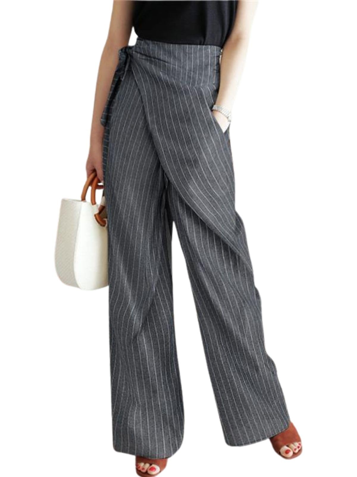 Womens Striped Pants Wrap Belt Pinstripe Suit Pants Wide Leg Business Dress Trousers with Pockets