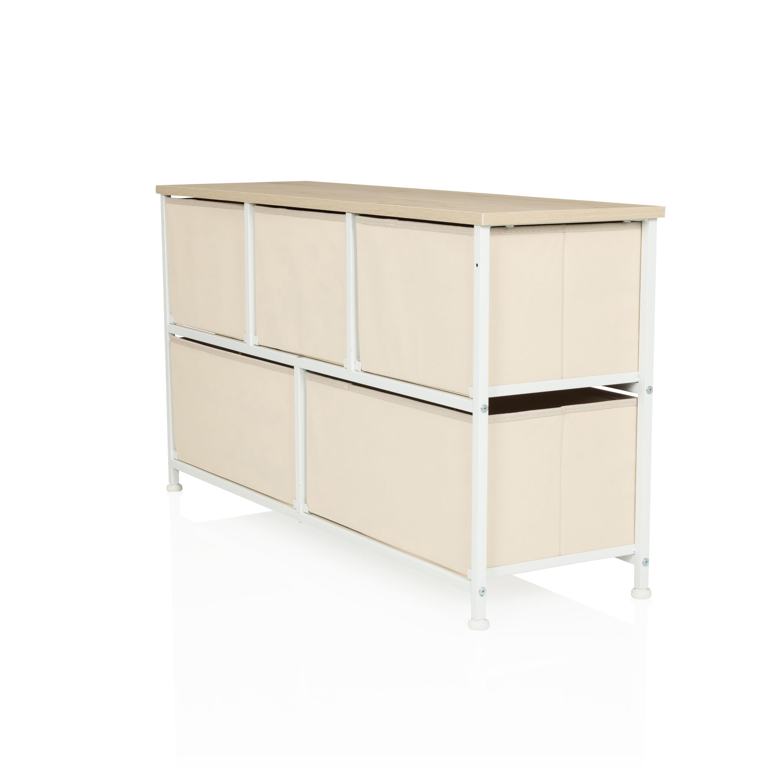 Kommode mit 5 Stoffschubladen, 100x30x55 cm, Beige | Schubladenkommode Organizer, höhenverstellbare Fußgleiter, Metall-Gestell