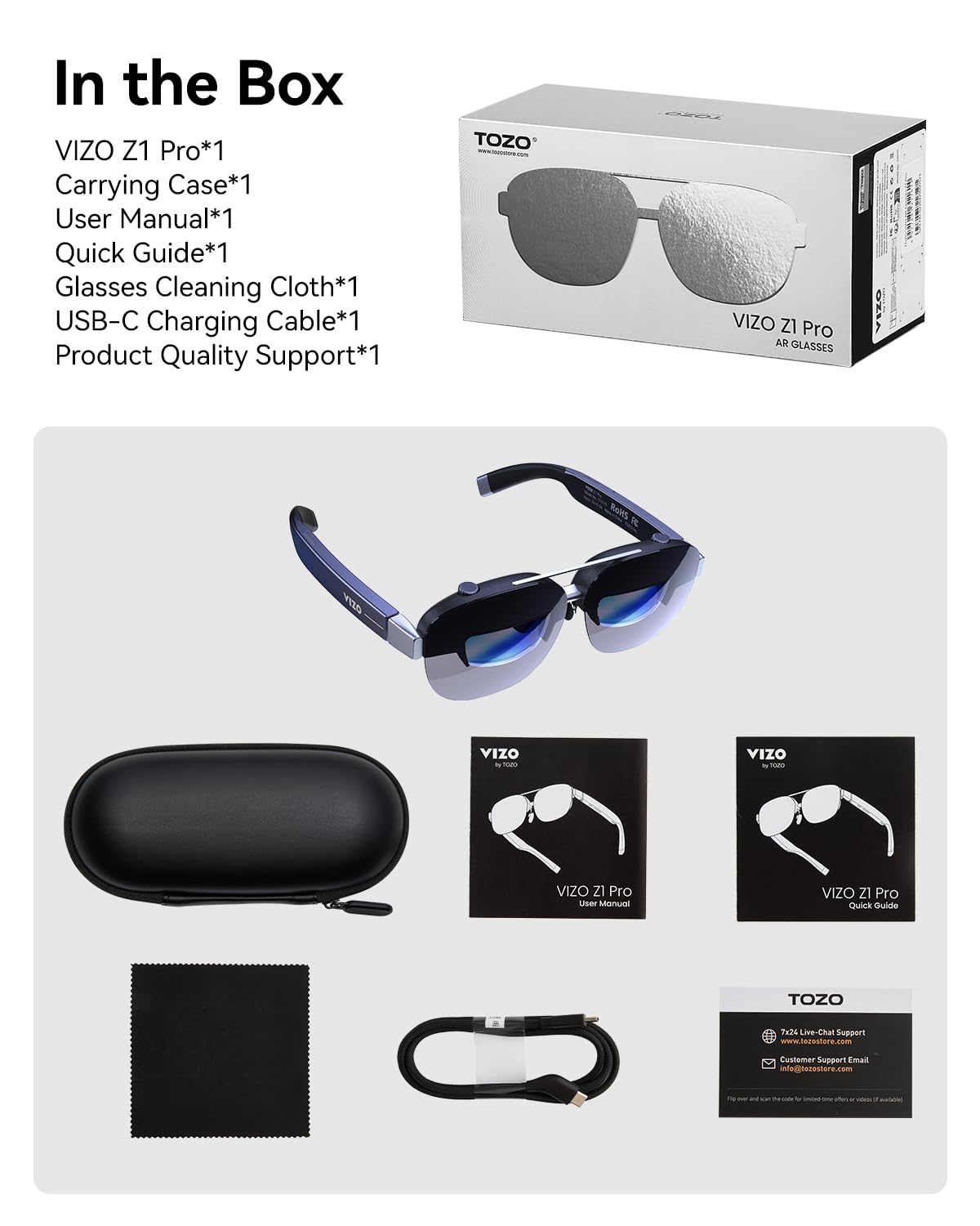 TOZO VIZO Z1 Pro Occhiali AR Schermo Virtuale 160" Display Micro-OLED 120Hz | Ultra-Luminosi – Regolazione Nitidezza, Switch 2D/3D, Audio Stereo, Leggero e Portatile, 1800 Nits, per iPhone e Android