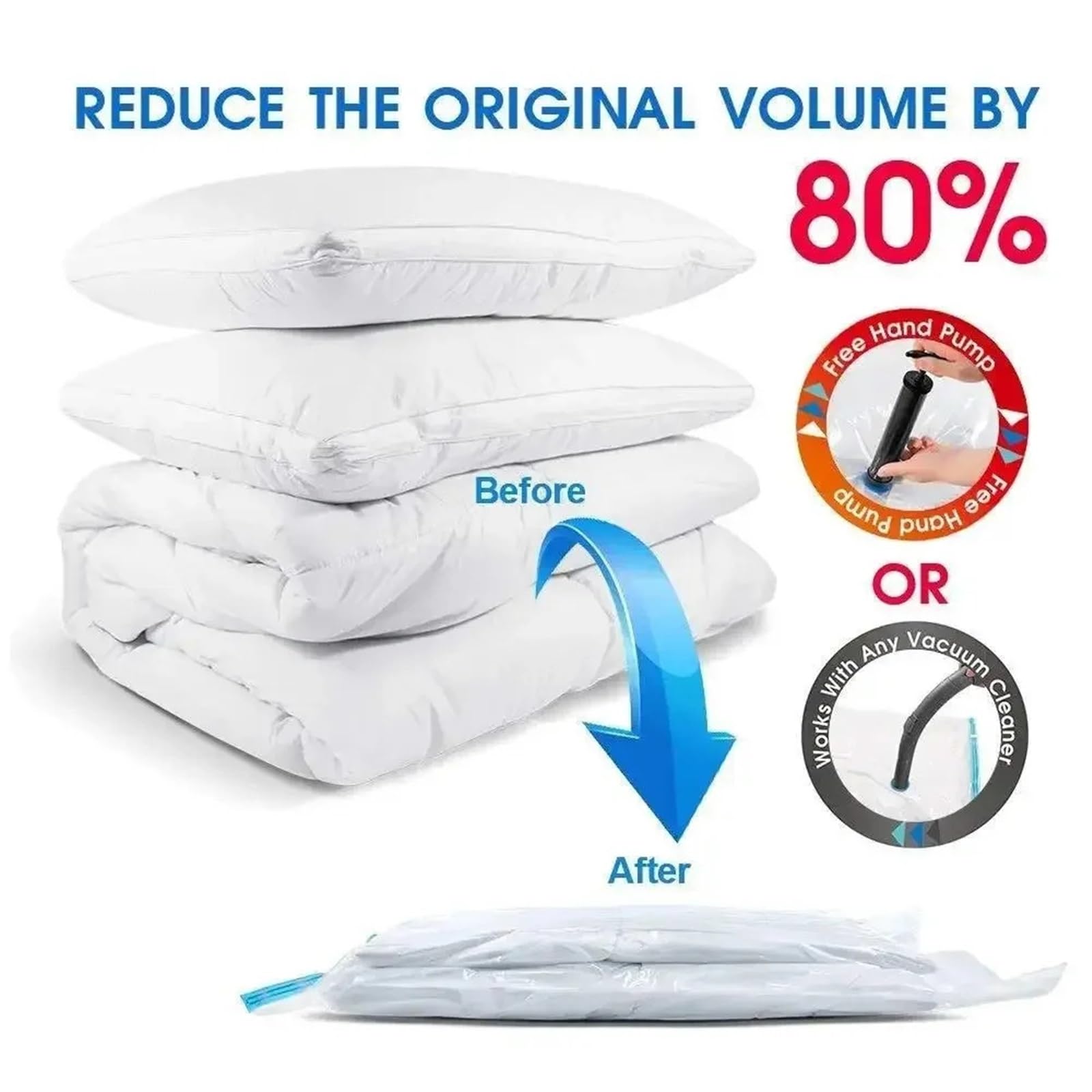Bolsas vacio For ropa, ropa de cama, bolsas for ahorrar espacio, almacenamiento, paquete sellado al vacío, bolsa organizadora comprimida plegable para Equipaje(8PCS1 Air Pump,100CM x 130CM)