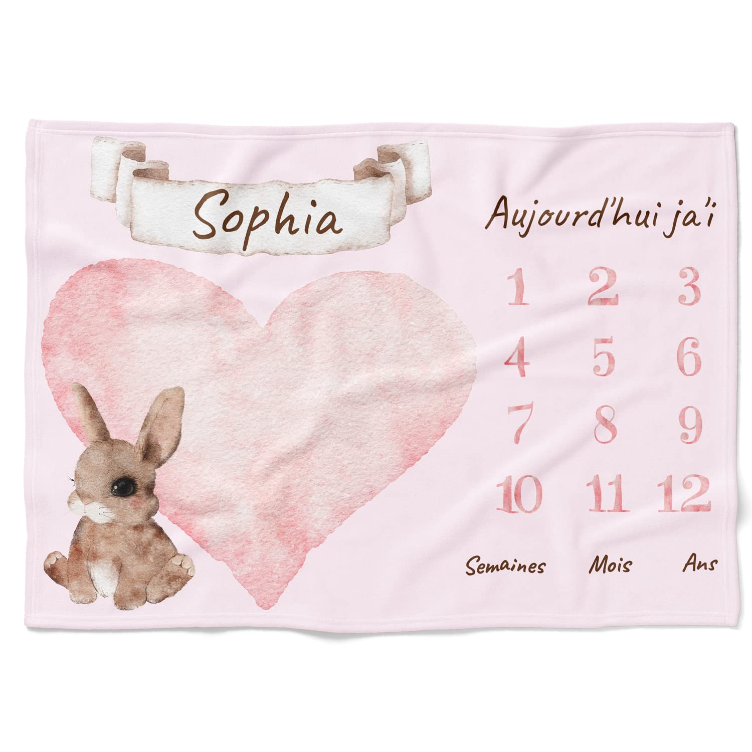 Couverture personnalisée pour bébé Meilenstein avec animal de souhaits, nom et couleur du motif en français, couverture photo pour bébé, couverture mensuelle 80x110cm