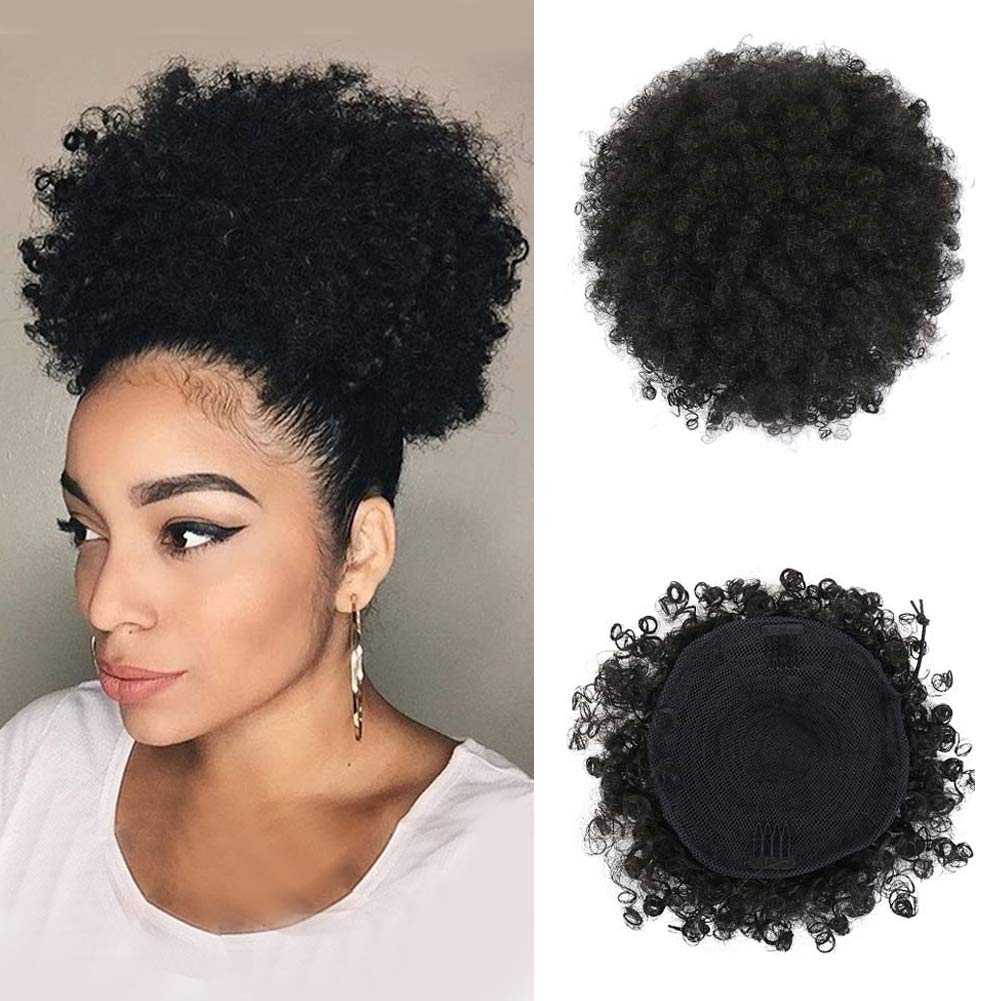 High Puff Afro Ponytail Drawstring Short Afro Kinky Curly Pony Tail Clip in on Synthetic Curly Hair Bun Made of Kanekalon Fiber Puff Ponytail Wrap Updo Hair Extensions with Clips (Black)