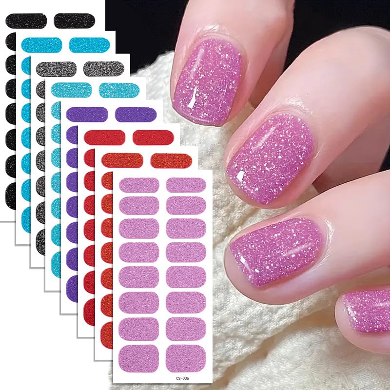 ONPRESS 8Sheets Gel Full Cover Nail Stickers 3D Self-Adhesive Full Wraps Nail Polish Strips Pink Purple Blue Nail Glitter Nail Decals Nail Art