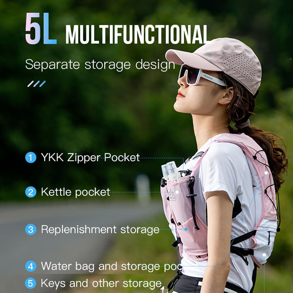 YOUGLE 5L Hydration Backpack for Men and Women Lightweight Breathable Running Vest for Trail Racing Marathon Hiking Fitness (Black+2*soft flask) - Image 3