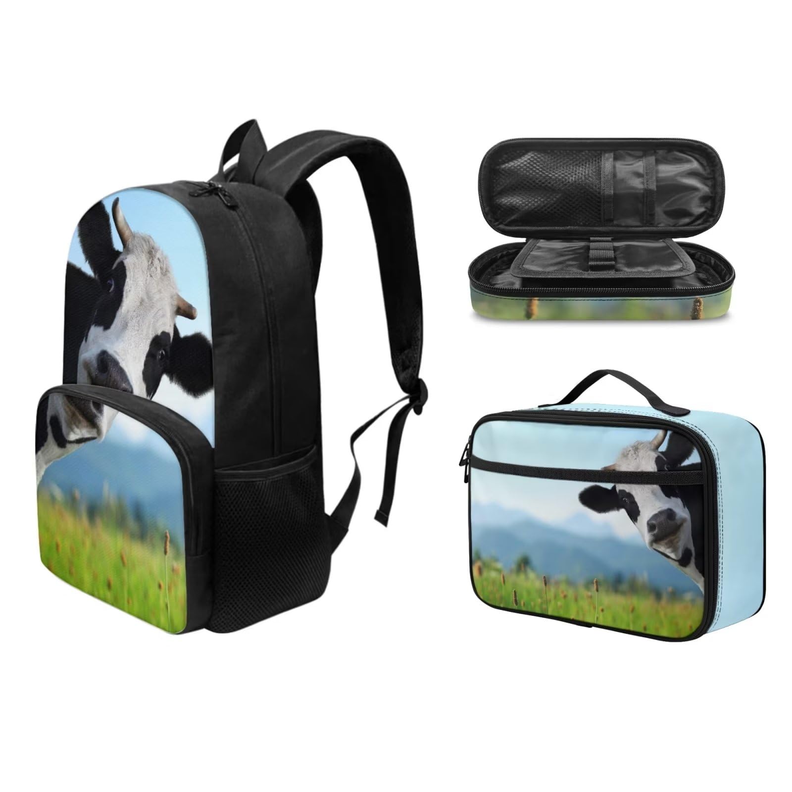 Dolyues Bolsa de almuerzo con bolsa escolar y estuche para lápices, bonita mochila para niños, estudiantes, vuelta a la escuela, vaca, Mochila infantil