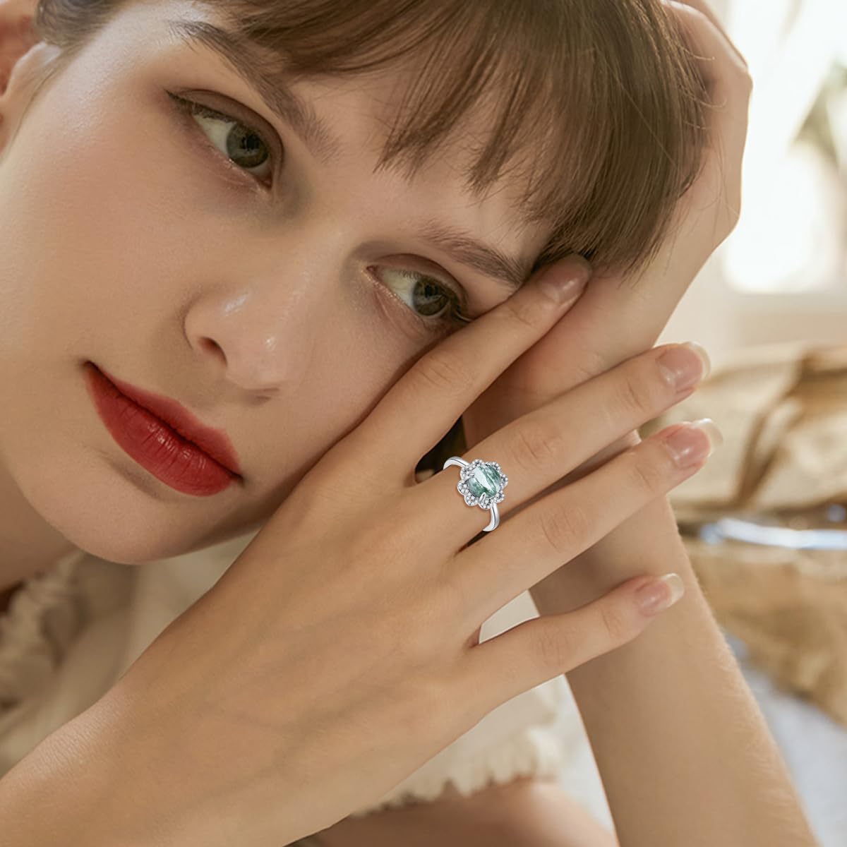 Anillo de ágata musgosa natural de plata de ley y ágata musgosa, anillo de compromiso, joyas de ágata musgosa, regalos para mujeres