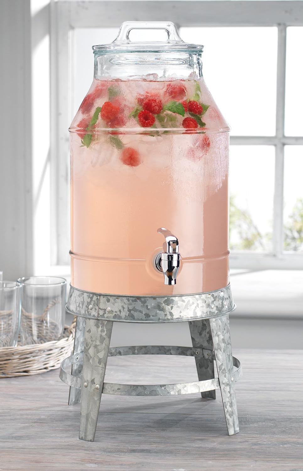 3 Gallon Classic Ice Cold Clear Glass Mason Jug Drink Beverage Dispenser Durable On Galvanized Stand With Leak Free Spigot-Easy Filling For Outdoor, Parties &amp; Daily Use Lid