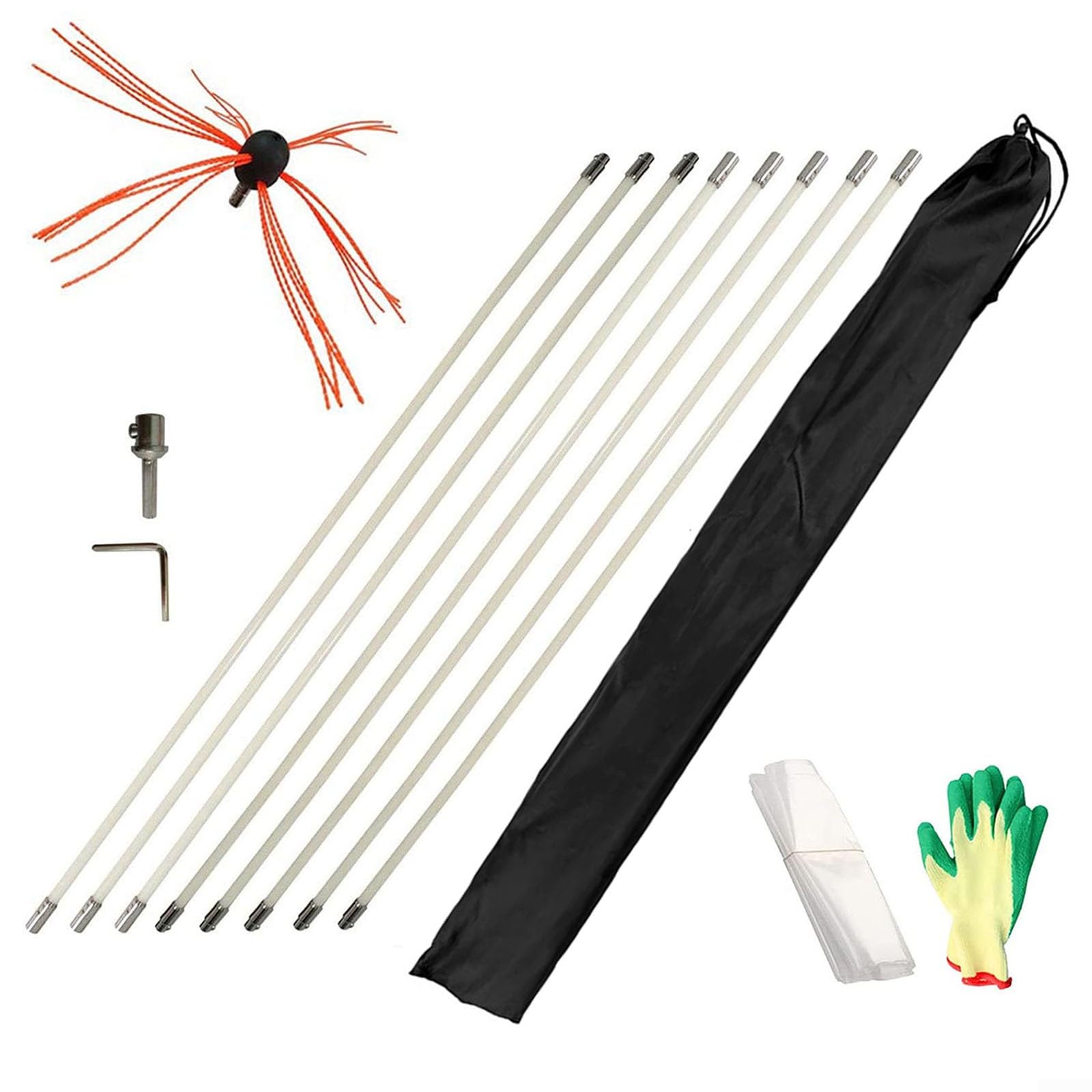 Set di spazzole per spazzare con Asta in Nylon Rinforzato, Spazzola per Tubi, Spazzola per Camino, Lunghezza 4/6/8 m, Kit per spazzacamino (6 m) ()