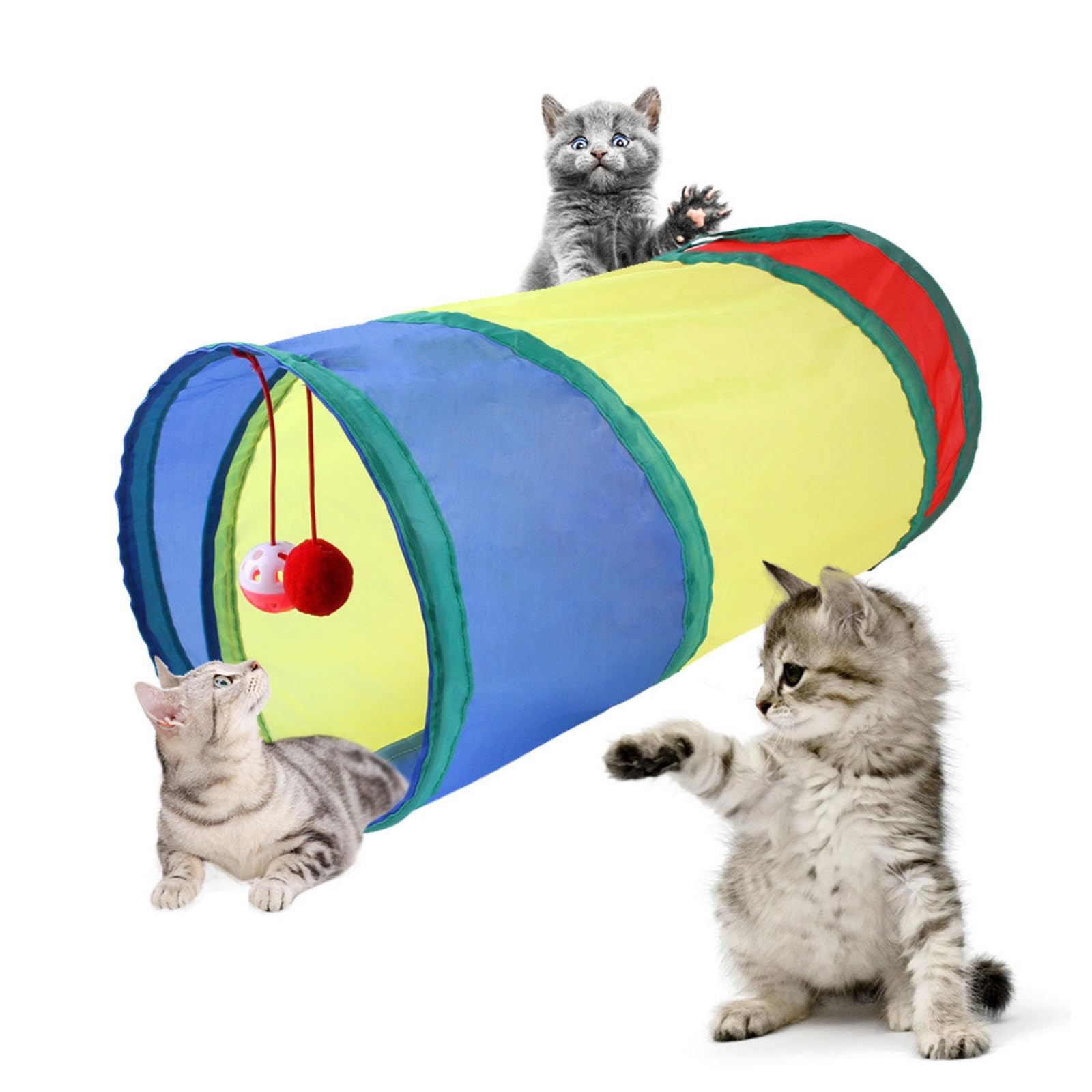Túneles de gato arcoíris con bola interactiva para interiores y exteriores, túnel grande para gatos, juguete para gatitos, gatitos, conejos, 2 vías