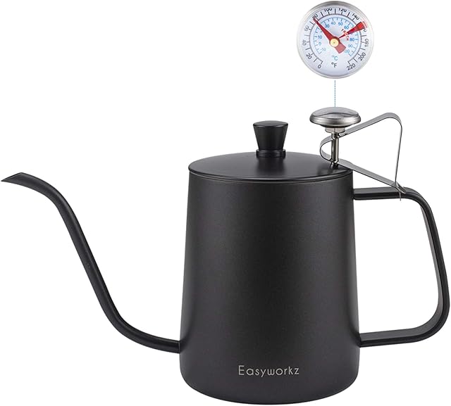 Easyworkz Gage Gooseneck Pour Over Coffee Kettle 600ml with Thermometer Stainless Steel 304 Coffee Pot with Long Narrow Spout Hand Drip Kettle