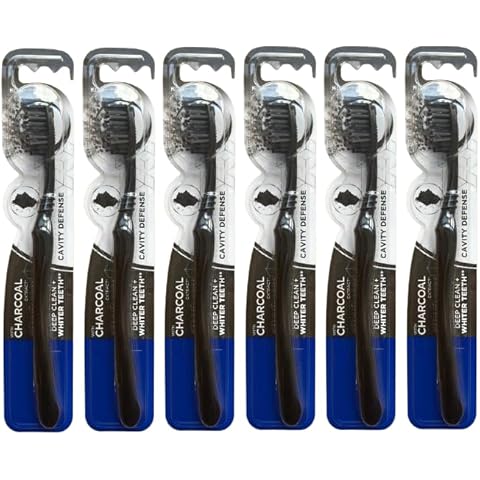 Oral Basics Cavity Defense Deep Clean + Whiter Teeth Toothbrush with Charcoal Extract Black Bristles and Tongue Cleaner, Medium Firmness, Individually Packaged, Value Bundle - Pack of 6 Cover
