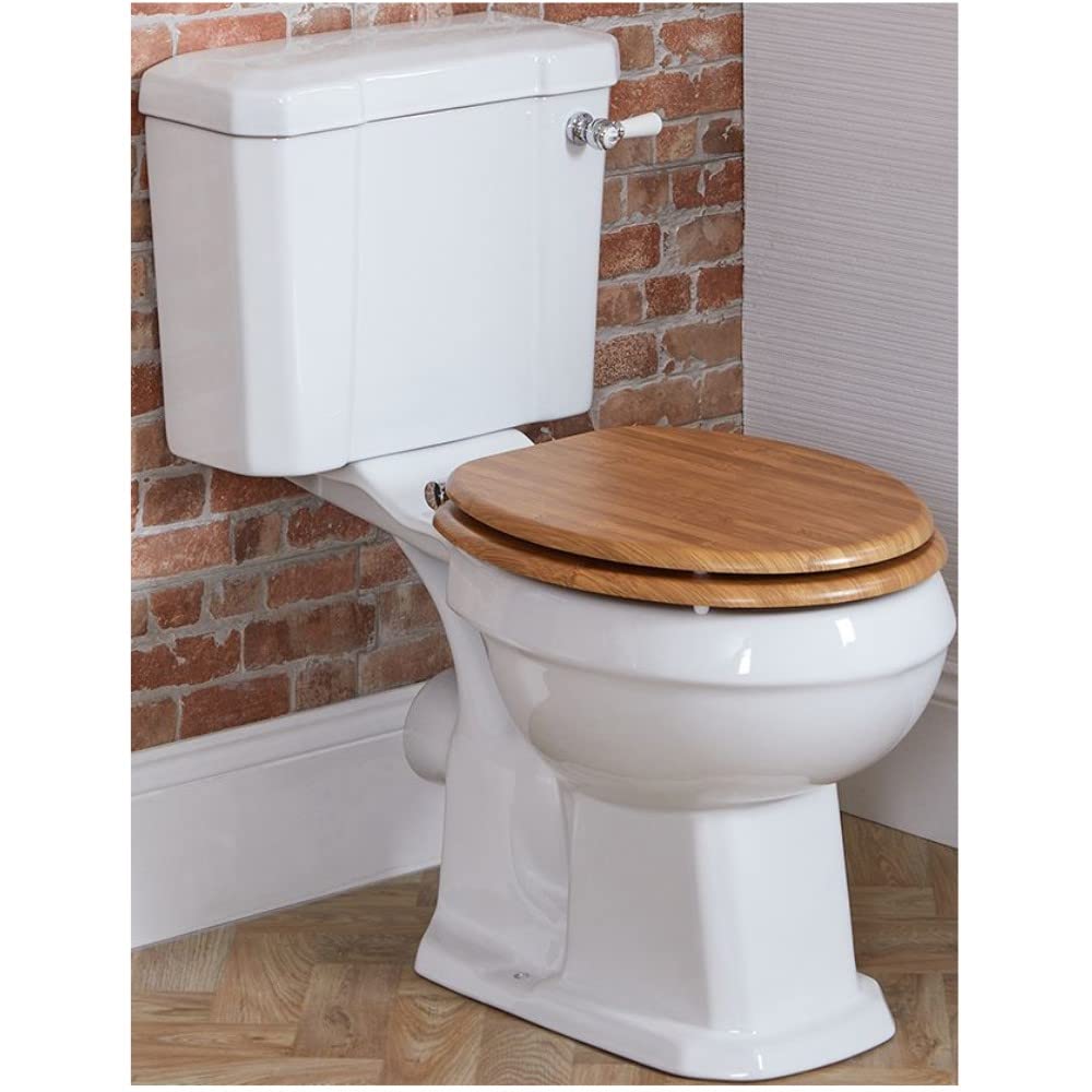 Milano Chrome & White Handle / Oak Seat Richmond Comfort Height Close Coupled Toilet Wc Oak Effect Seat - Chrome White Handle