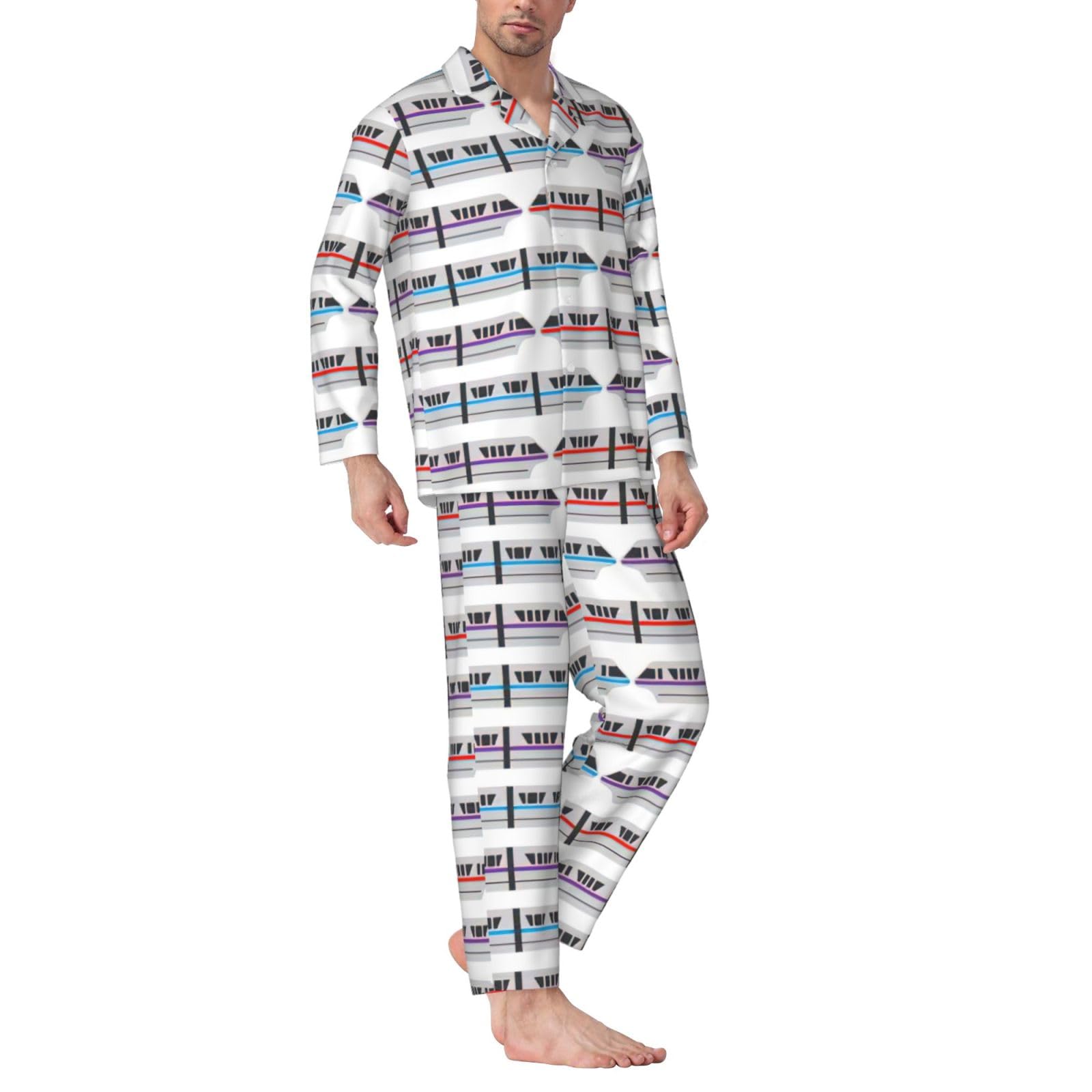 Conjunto de pijama de manga larga para hombre con estampado de tren monorraíl, ropa de dormir de dos piezas, transpirable, cómoda