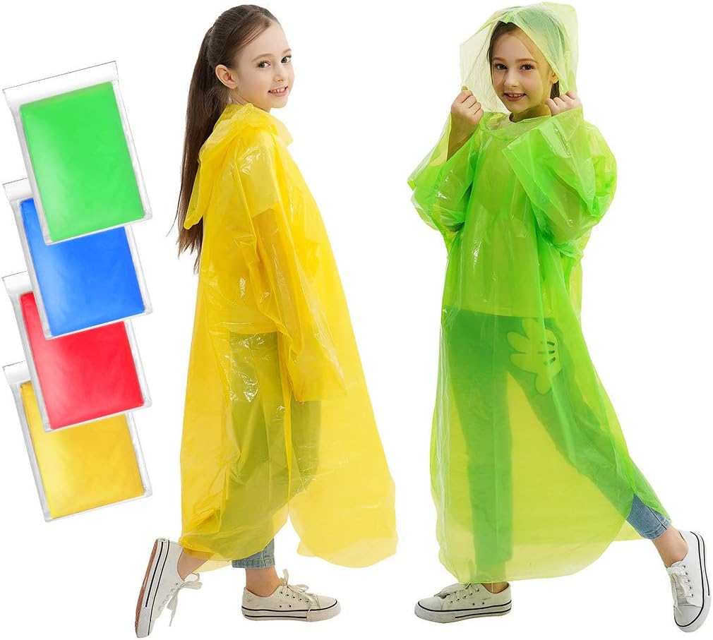 KASU Emergency Rain Poncho for Kids, Disposable Hood Poncho for Boys/Girls, 4 Colors - Red, Blue, Green, Yellow