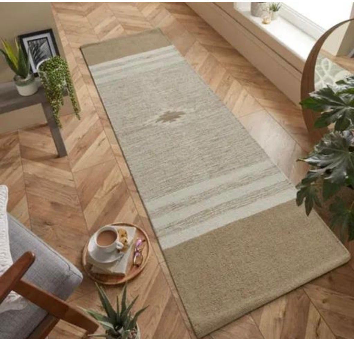 Cotton Bedside Carpet, Beige and Cream, Bohemian Geometric Diamond, Hand Tufted-image-45