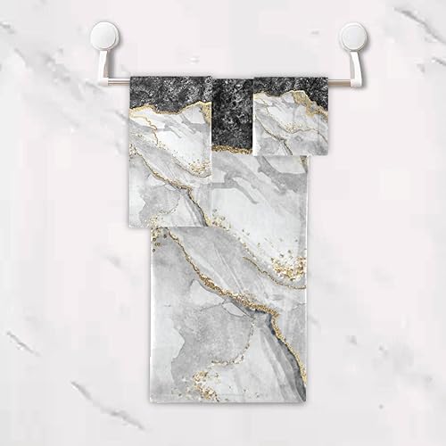 Miniatura 4 de Juego de toallas de baño para baño, toallas de mano, toallas de mano con diseño de mármol dorado y negro, 3 piezas, algodón decorativo, absorbente,