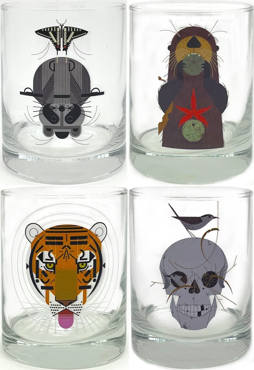 Charley HarperWild Life I Double Old-Fashioned DOF Set of 4 Assorted Glasses: Cool Carnivore, Otterly Delicious, Raccrobat, and Wrented