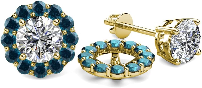 Blue Diamond Halo Jacket for Stud Earrings 0.72 ctw 14K Yellow Gold