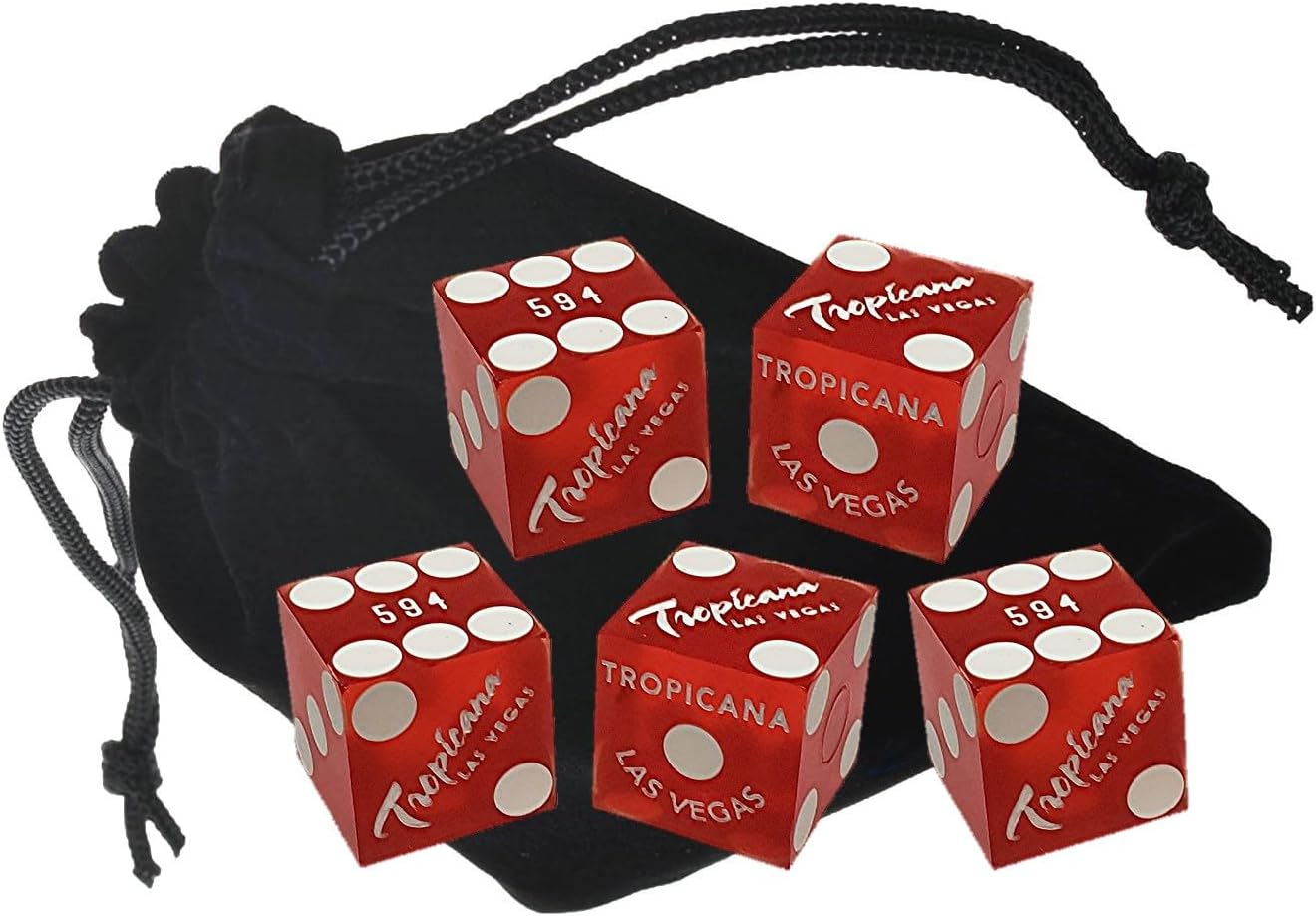 Set of 5 Authentic Las Vegas Casino Table-Played 19mm Craps Dice with Matching Serial Numbers - Tropicana (Red Frosted)
