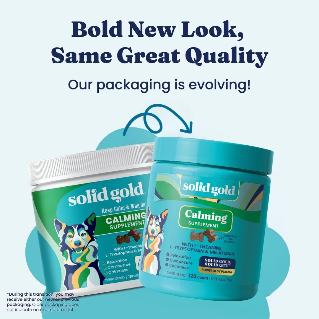 Solid Gold Calming Chews for Dogs - Dog Calming Chews w/Melatonin for Separation, Stress & Hyperactivity Relief - Supports Relaxation for Travel, Fireworks & Storms - All Ages & Sizes - Bacon 120ct