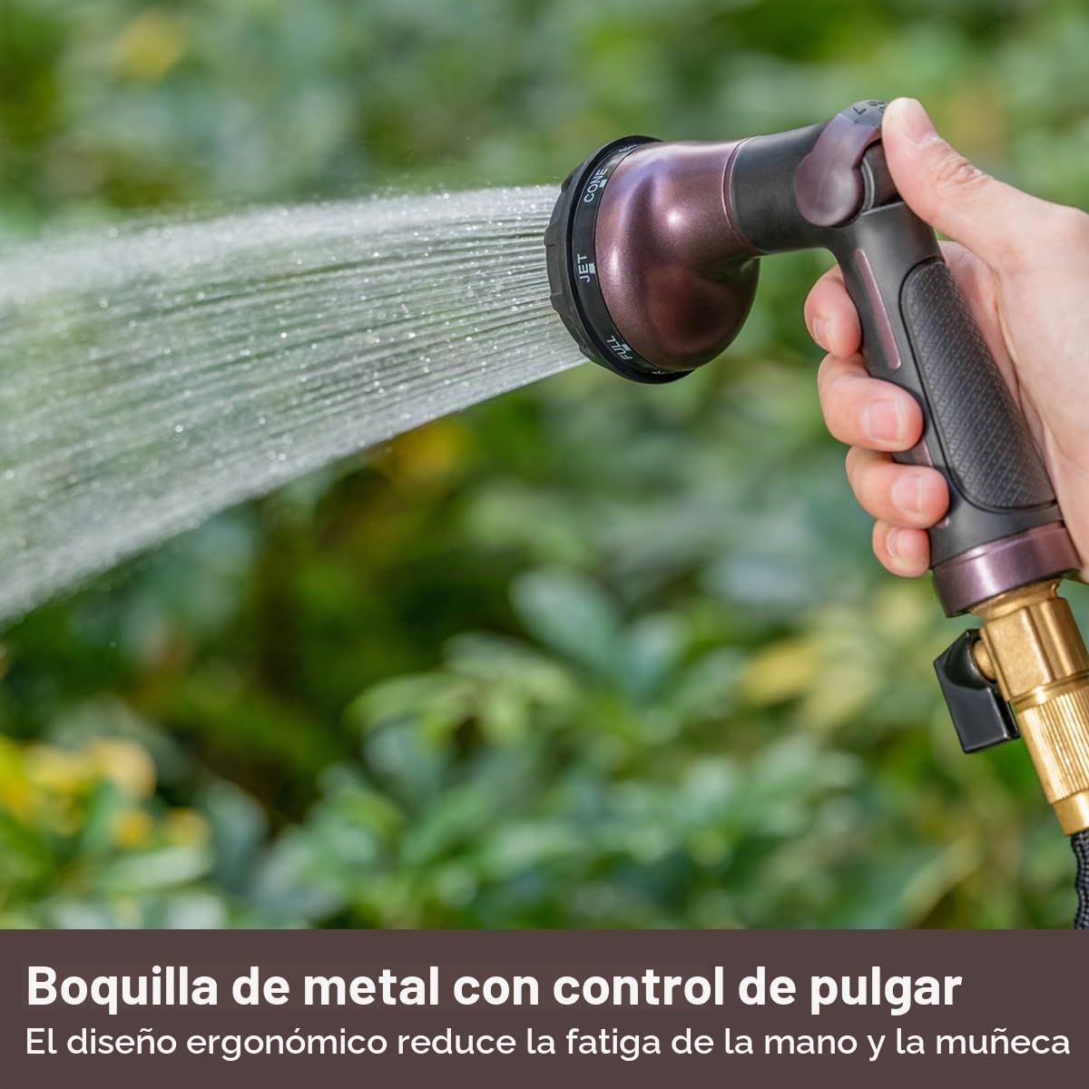 FANHAO Pistola Manguera Jardin 100% de Metal, Pistola Riego con 8 patrones de rociado,boquilla pulverizadora de alta presión con control con el pulgar y válvula de cierre para regar césped-Bronce