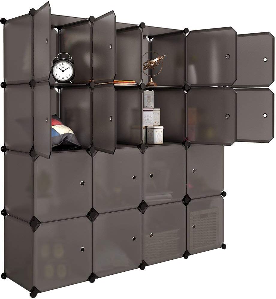 LANGRIA 16 Cube Organizer Plastic Stackable Storage Shelves Multifunctional Modular Closet Cabinet with Hanging Rod for Clothes Toys(Transparent Brown)