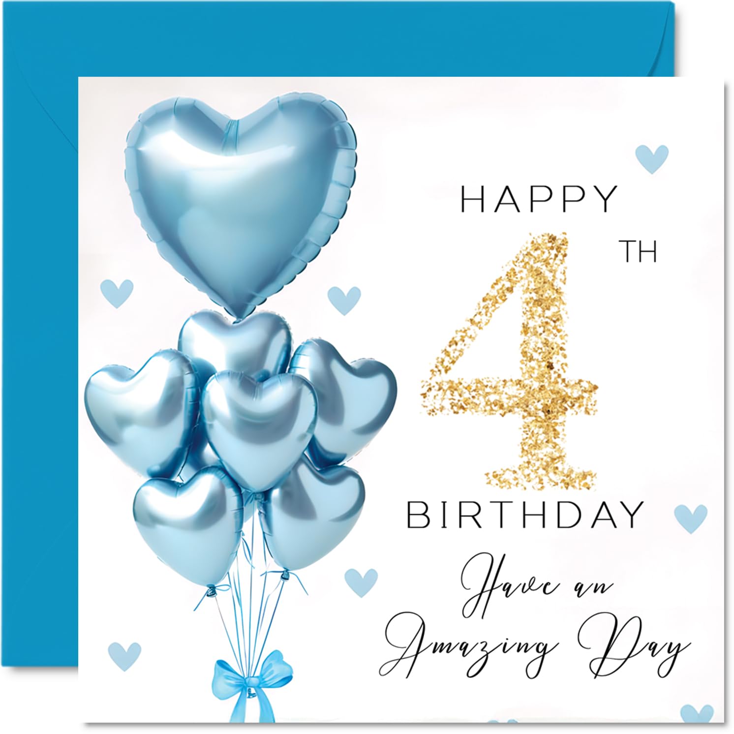 4th Birthday Cards for Boys - Blue Glitter Balloons - Happy Birthday Card for 4 Year Old Boy Brother Nephew Son Grandson, 145mm Bday Greeting Cards