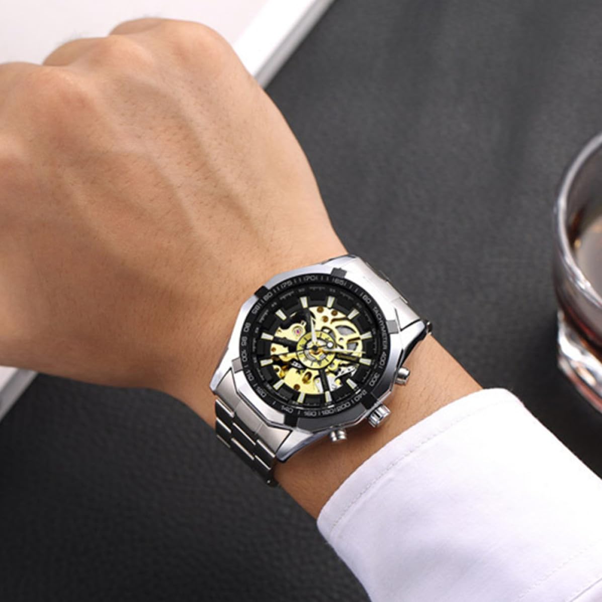 PRETYZOOM Reloj Mecánico de Negocios para Hombre Esfera Luminosa y Agujas Grandes, Diseño Esqueleto en Aleación de Zinc, Adecuado para Asistir Ocasión