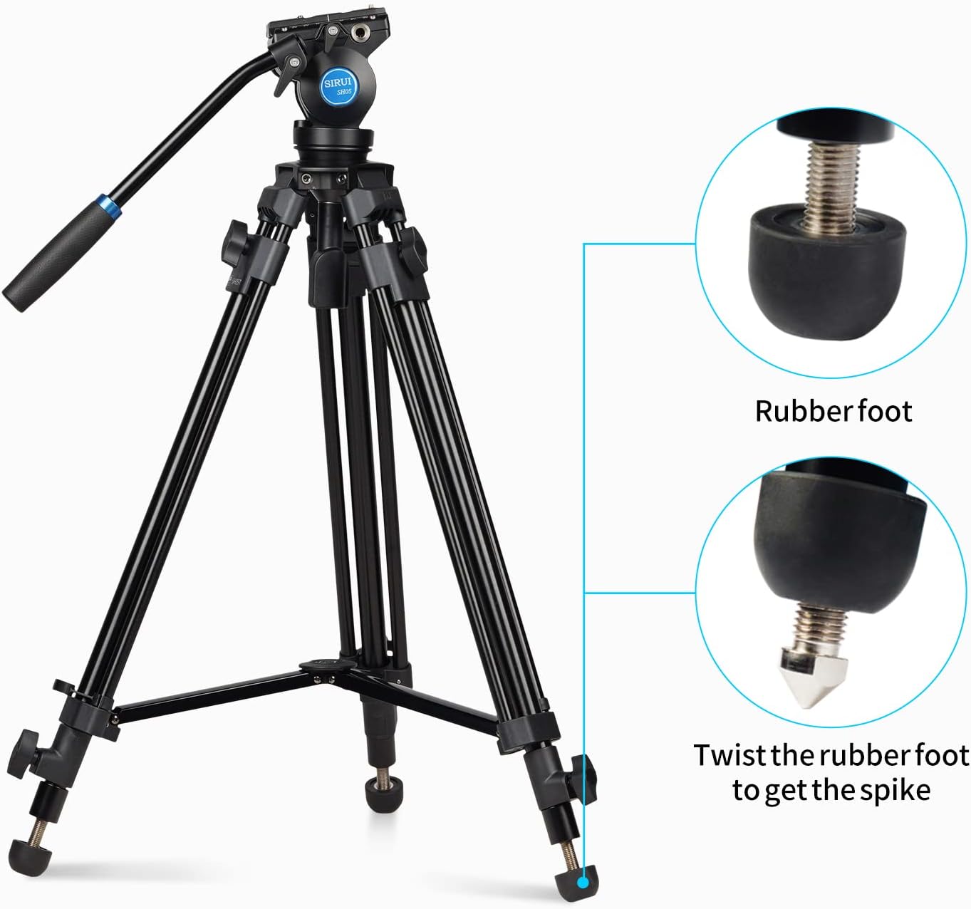 SIRUI SH05 Video Tripod with 360°Fluid Head, Professional Lightweight Aluminum Tripod for DSLR Cameras Camcorder, 55.1″Tripod Kit with Twin Tube, Mid-Level Spreader, QR Plate, Max Load 13.2lbs