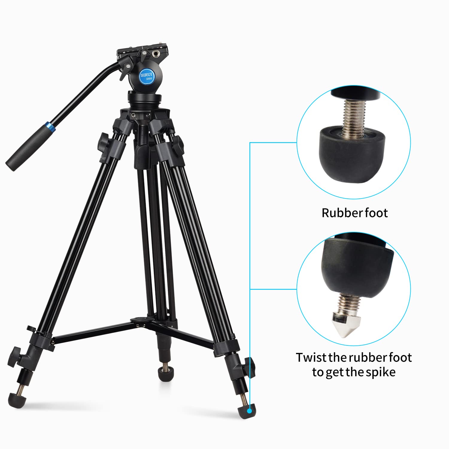SIRUI SH05 Treppiede Video con Testa Fluida a 360°, Supporto Treppiede Leggero in Alluminio per Fotocamera Reflex, DSLR, Treppiede Cavalletto Videocamera, Altezza Massima 140cm, Carico Massimo 6kg