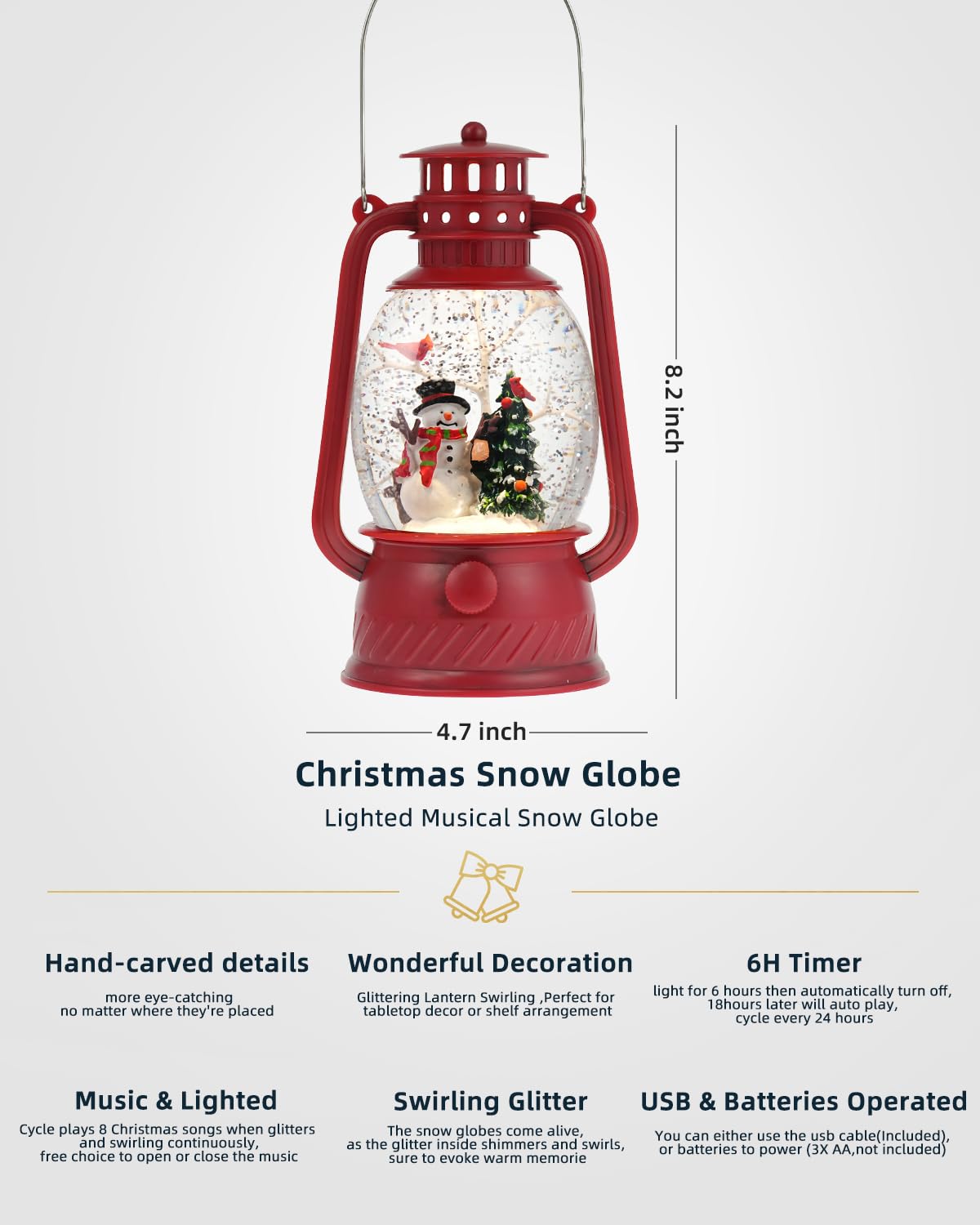 Lanterne Boule à Neige De Noël Avec Musique Et LEDs, Père Noël Tourbillonnant, Fonctionne Sur Piles Ou USB
