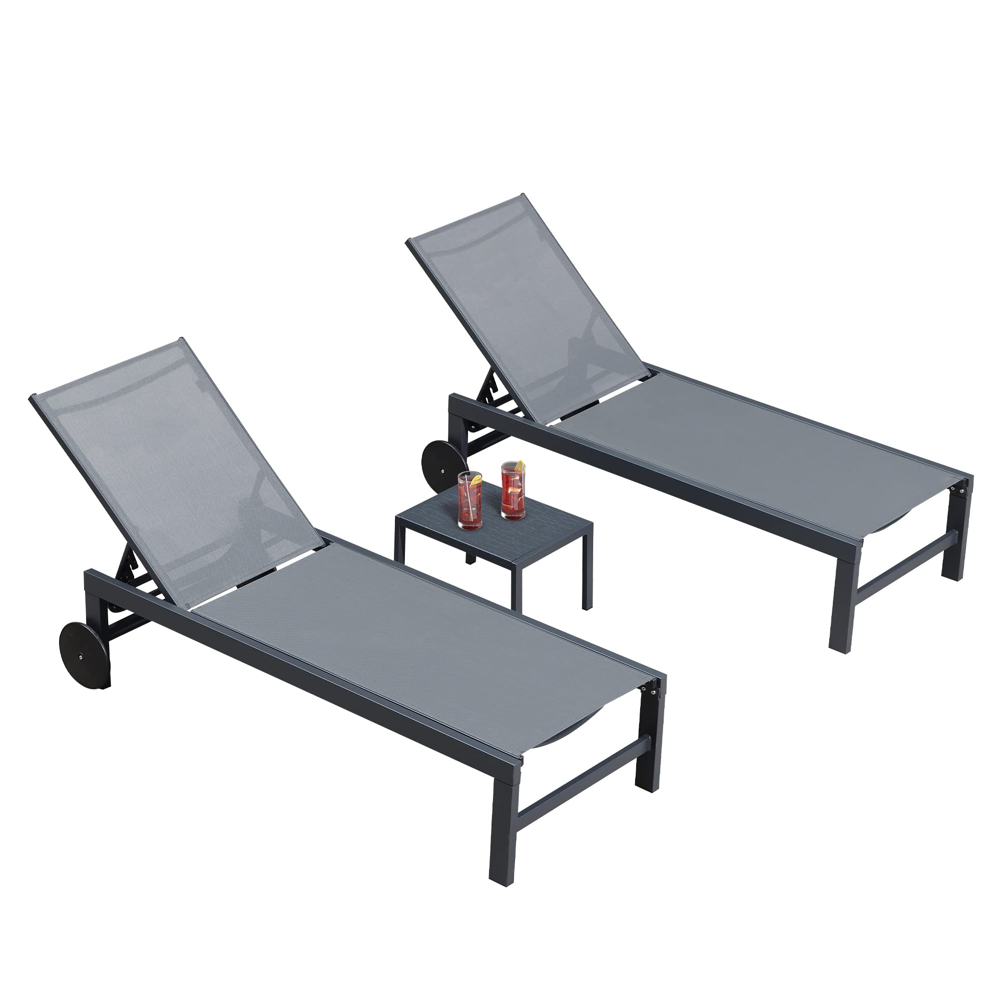 PURPLE LEAF 2 Transats Jardin Aluminium Gris avec Table d'Appoint et Roues
