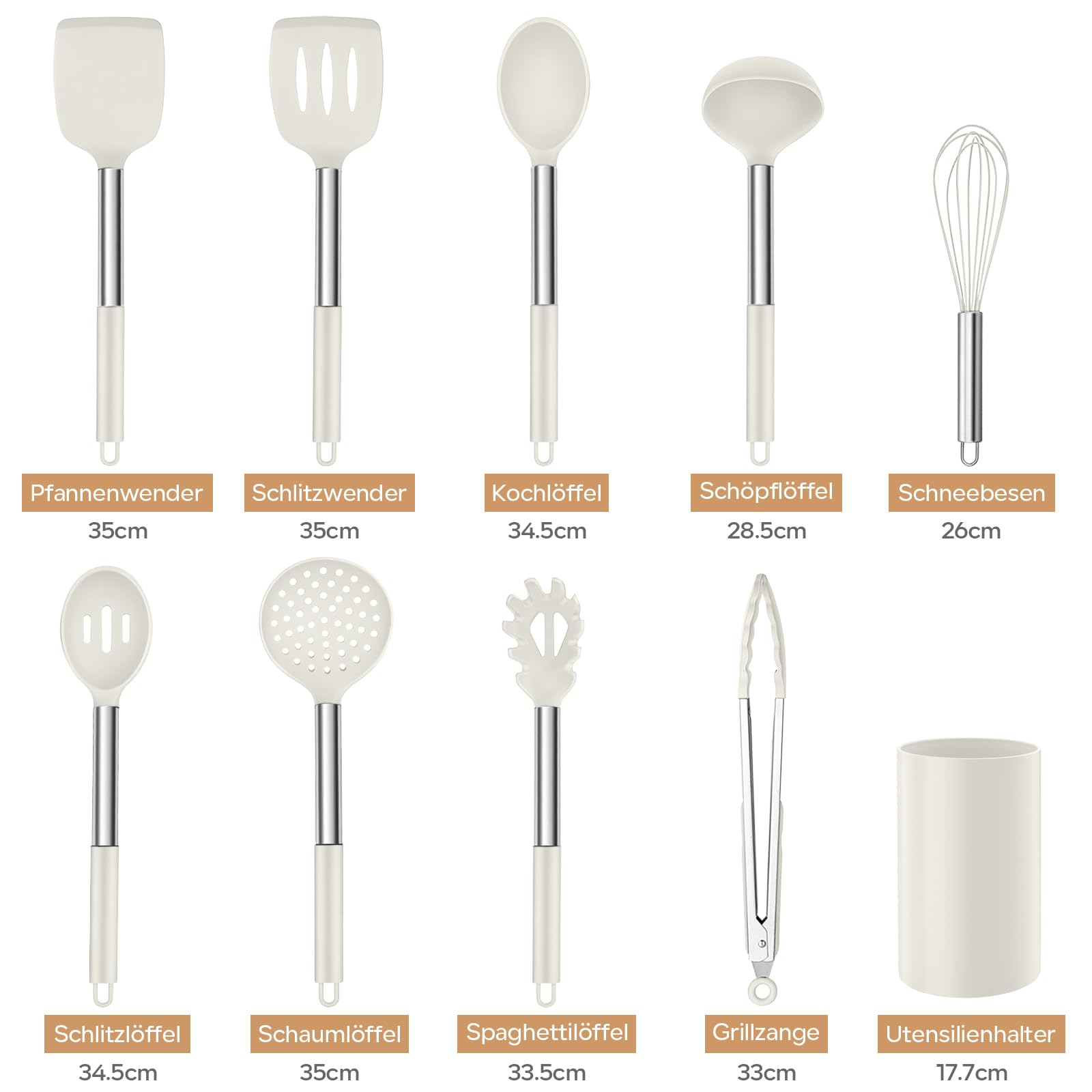 Homikit Juego de utensilios de cocina de silicona, 10 piezas con mango de acero inoxidable, antiadherente, con soporte para utensilios, color blanco