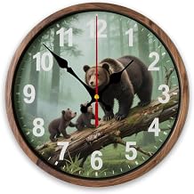 Wood Wall Clock 10 Inch Silent Non Ticking Battery Operated Country Decorative for Bathroom Kitchen Living Room Bedroom Bear