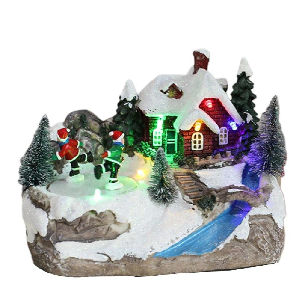 Kieteiik Puppet Skating Model Christmas Village Led Lights Small River House Luminous Landscape Figurines Resin Desktop Ornament Decoration Set