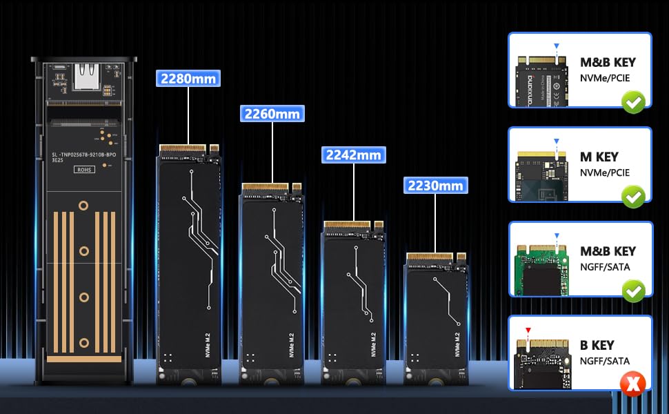 Image of Kinsound M.2 NVMe SSD Enclosure Adapter Tool-Free,Aluminum 10Gbps USB C External Portable NVMe M.2 Enclosure USB 3.1 Gen2 Thunderbolt 3 Support UASP Trim for PCIe M B+M Keys Size 2230 /2242 /2260 /2280