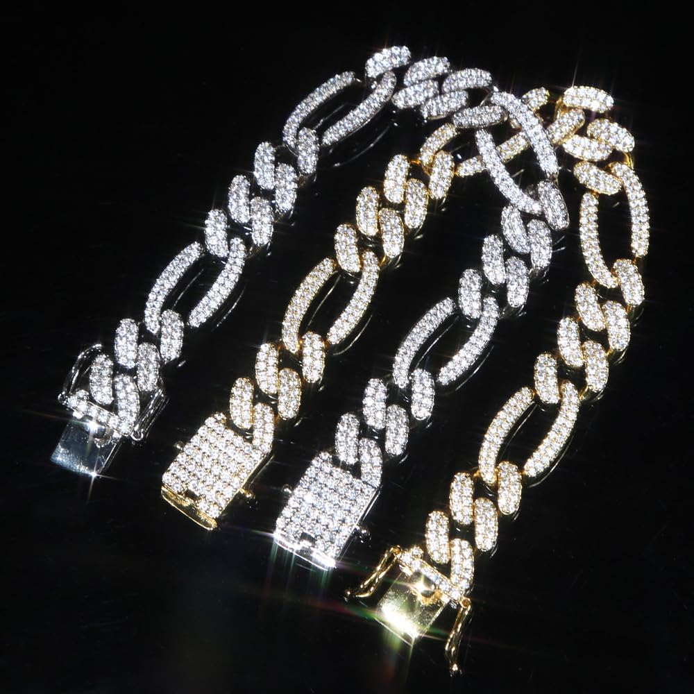 14K Gold Over 925 Silver 12mm Round Cuban Chain Bracelet, Pave Moissanite Bracelet, Hip Hop Style Men's Bracelet - Define Your Unique Style with the Dazzling Charm of Moissanite, Suitable for Holiday Celebrations,Father's Day Gift - Image 5