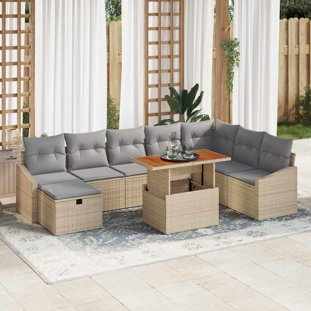 Ensemble de canapés de jardin modernes en polyrotin beige avec table 9 pièces - Ensemble de 9 pièces - Mobilier de jardin 9 pièces
