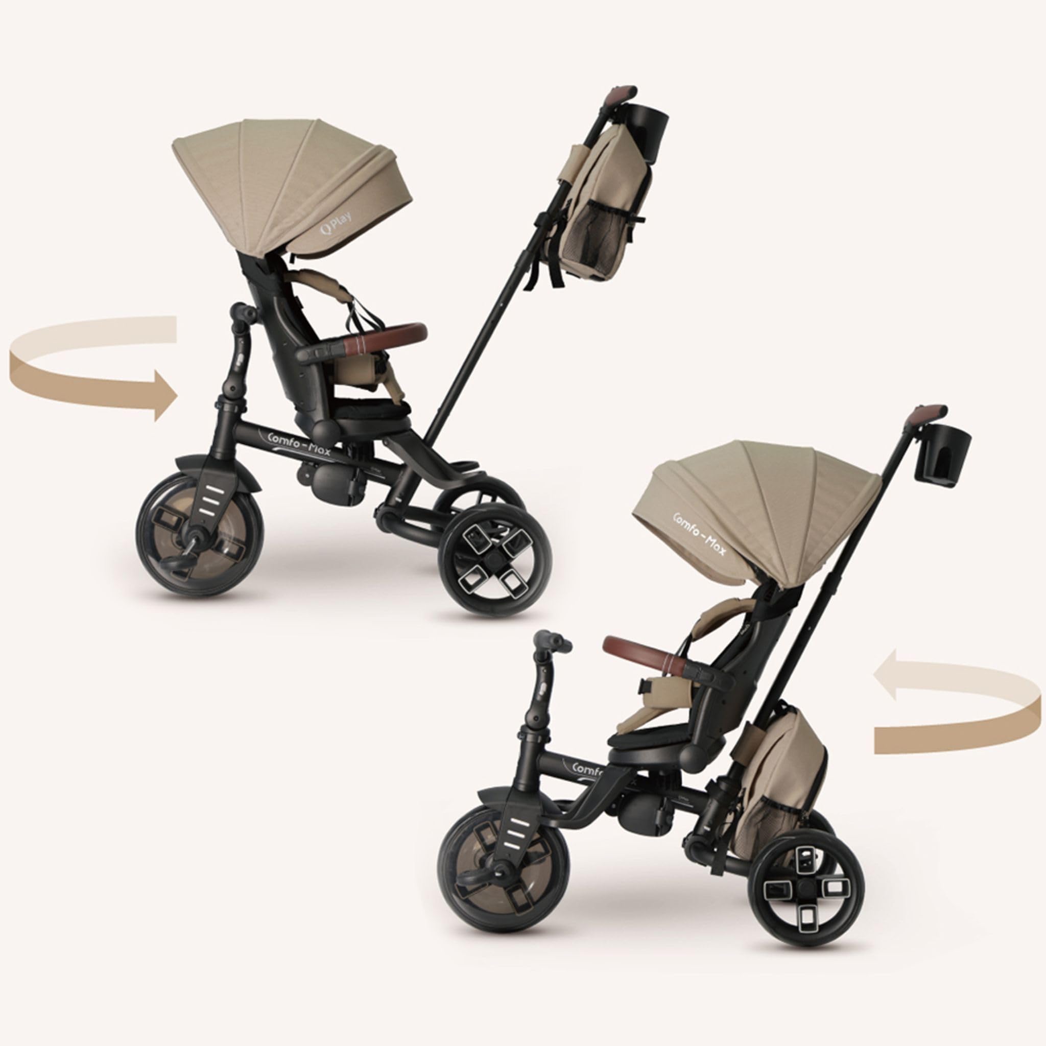 Triciclo evolutivo QPLAY Comfo Max 7 in 1 multi accessoriato, fronte strada e fronte mamma, reclinabile, adatto a bambini dai 10 ai 72 mesi, pieghevole, portata fino a 25 kg (Grigio)